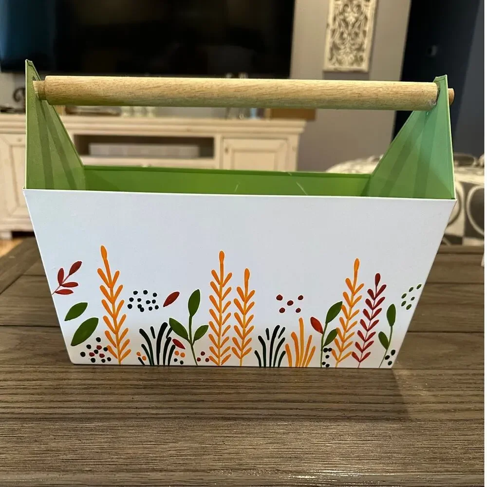 White Hand Painted Floral Metal Caddie With Wooden Handle